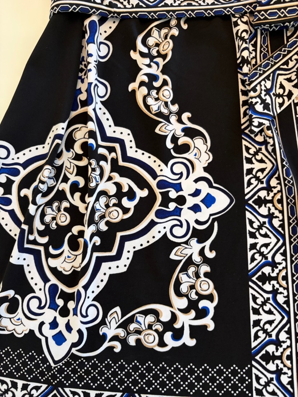 White House Black Market Strapless Black, White & Blue Printed Tie-Waist Dress - Picture 6 of 10